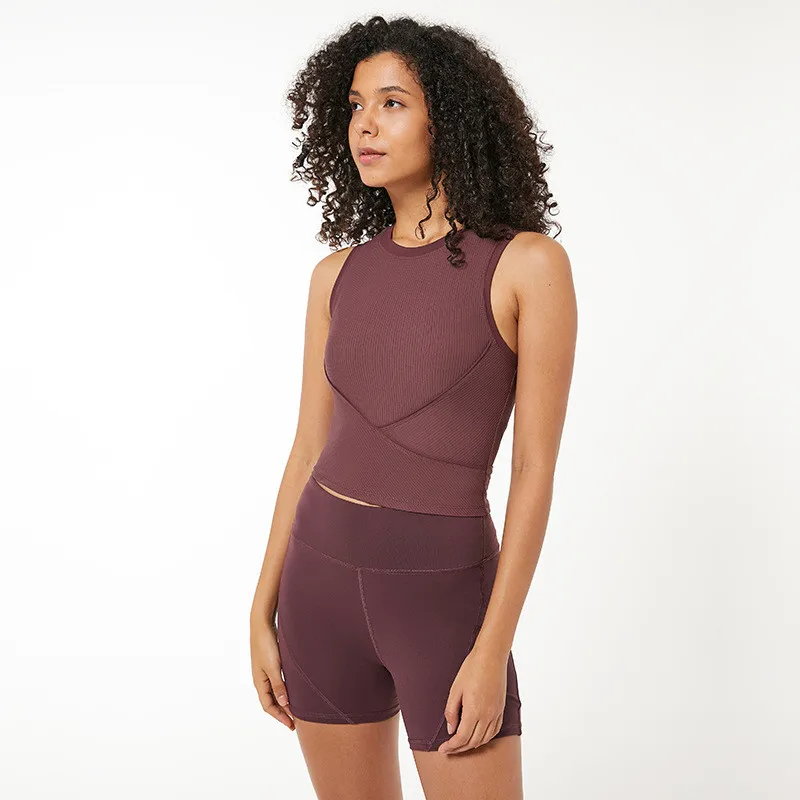 

Crop top Slim Sleeveless Yoga shirt Women's V Line Cross Pilates Vest Rich Elastic O-neck Fitness Tank Top Woman Gym clothing