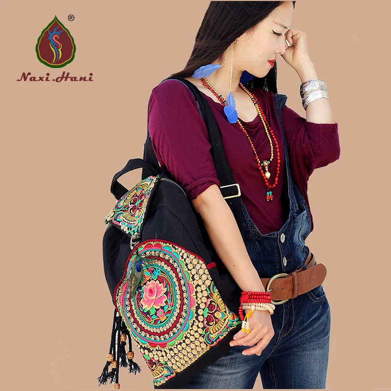 Naxi.Hani Brand Original Ethnic embroidery canvas cover women backpack fashion vintage handmade feather Travel backpack