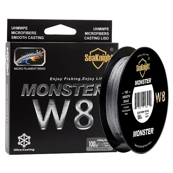 Hi vis gray SeaKnight MONSTER W8 леска 150 м плетеная 8 нитей гладкая леска PE мультифиламентная широкоугольная технология плетеная 20-100 фунтов - Цвет: Hi vis gray