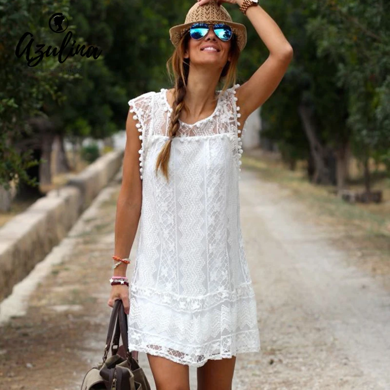 AZULINA Summer Dress Women Casual Beach Short Tassel White Mini Lace Sexy Party Dresses Female Soft Vestido On Sale | Женская одежда