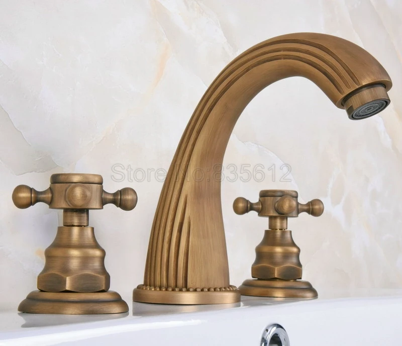

Widespread Antique Brass Gooseneck Style Bathroom Basin Faucet / Classic Deck Mounted Dual Handles Vessel Sink Mixer Taps Wan068