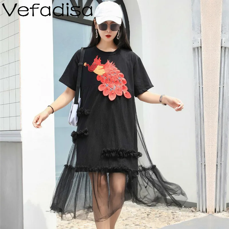 Vefadisa Black White Yellow Women Peacock Print T Shirt Dress Personality Lady Summer Short Sleeve ZQY151A | Женская одежда