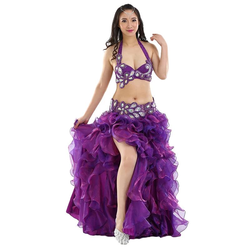 Purple 3pcs Костюм для восточных танцев, комплект из 2шт/3 шт, бюстгальтер, пояс, шифоновая юбка, взрослый танец живота, костюмы для выступлений, профессиональная одежда для танца живота - Цвет: Purple 3pcs