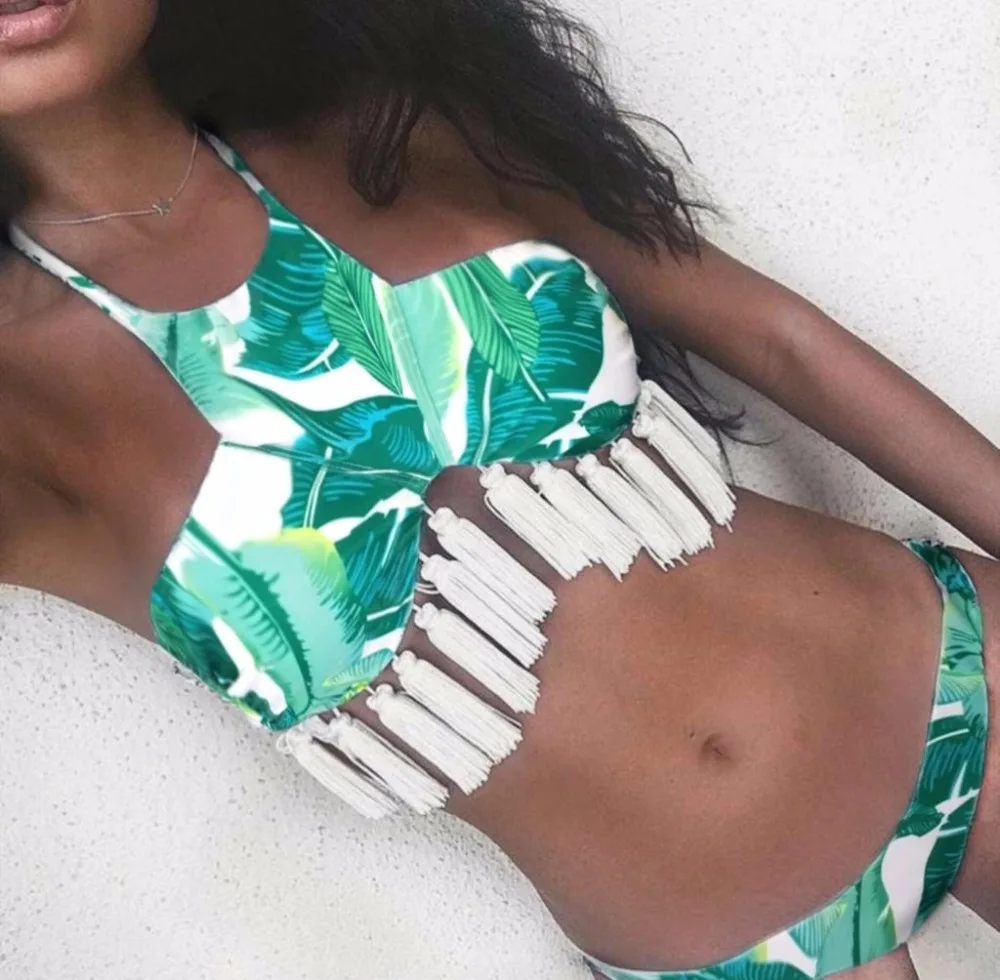 Тропические растения кисточкой бразильский комплект бикини с высоким воротом