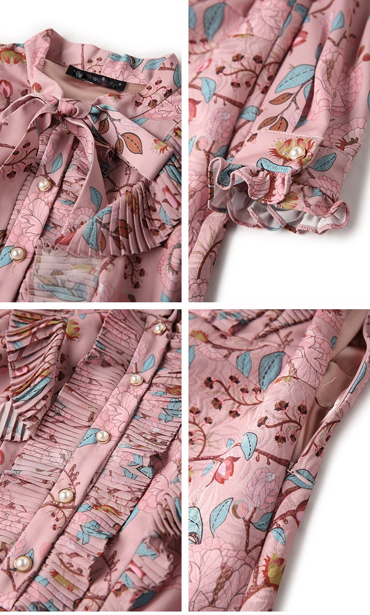 LD LINDA DELLA Spring Fashion Runway Dress Women's Long Sleeve Bow Collar Ruffles Ruched Floral Print Vintage Elegant Dress