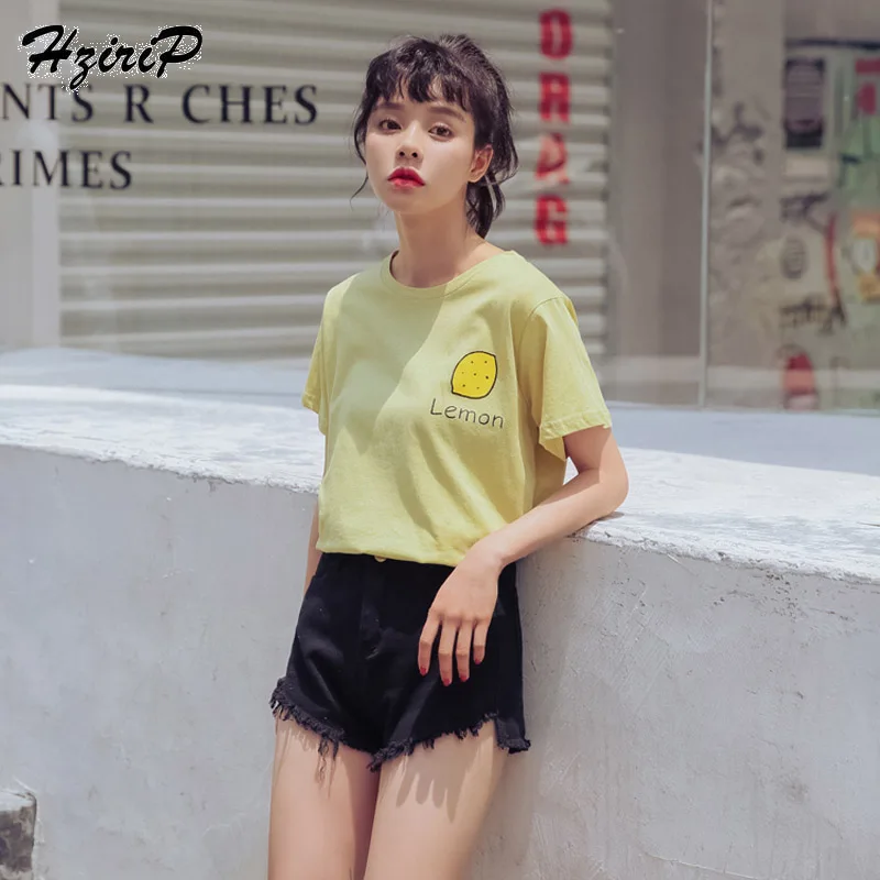 HziriP 2018 New Women T shirt Fruit Lemon Print O-neck Casual Womens Short Sleeve Cotton T-shirt Tee Tops Female Tshirt | Женская одежда