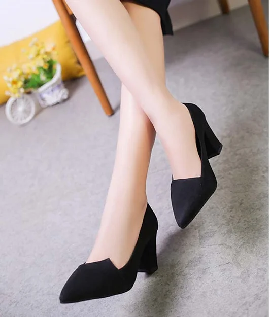 2019 Top quality spring new thick high heel black suede single shoes pointed toe mujer head with wild women's pumps shoes