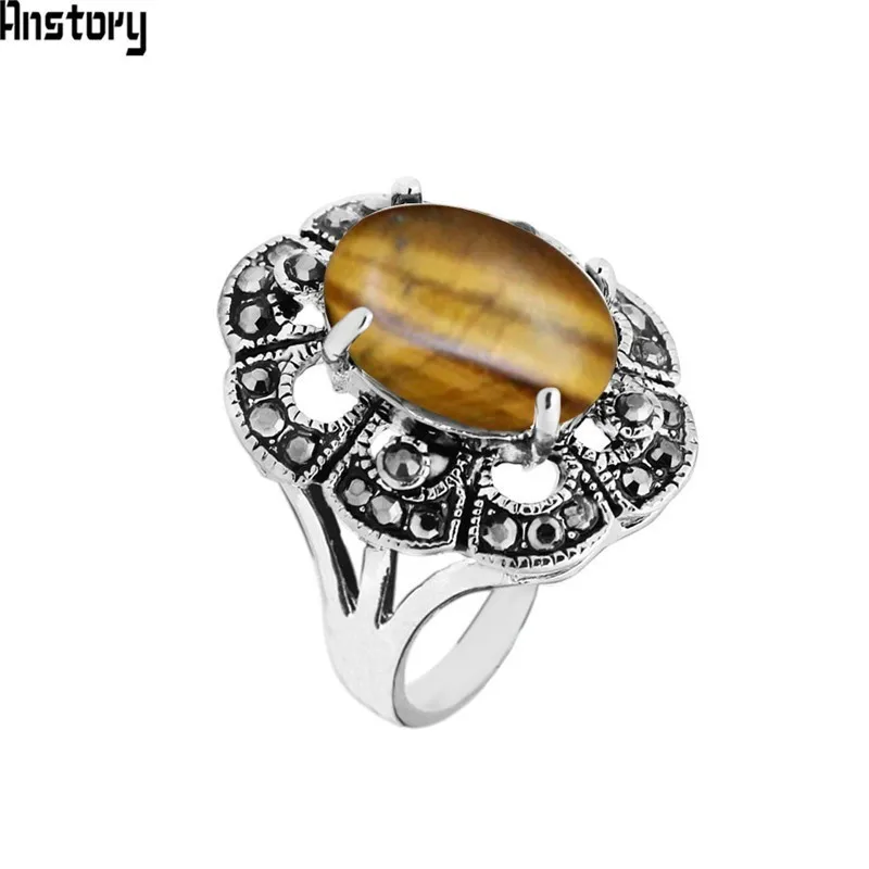 Oval Natural Tiger Eye Rings For Women Vintage Look Antique Silver Plated Rhinestone Plum Flower Fashion Jewelry TR692 | Украшения и