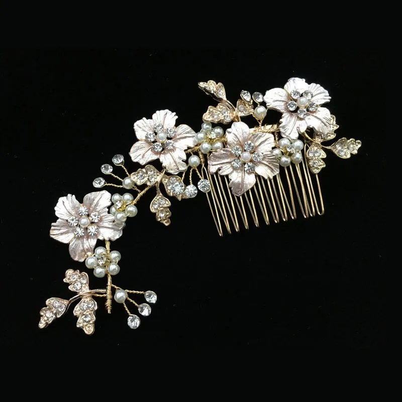 Свадебная расческа для волос SLBRIDAL с жемчугом и золотыми цветами стразы свадебные