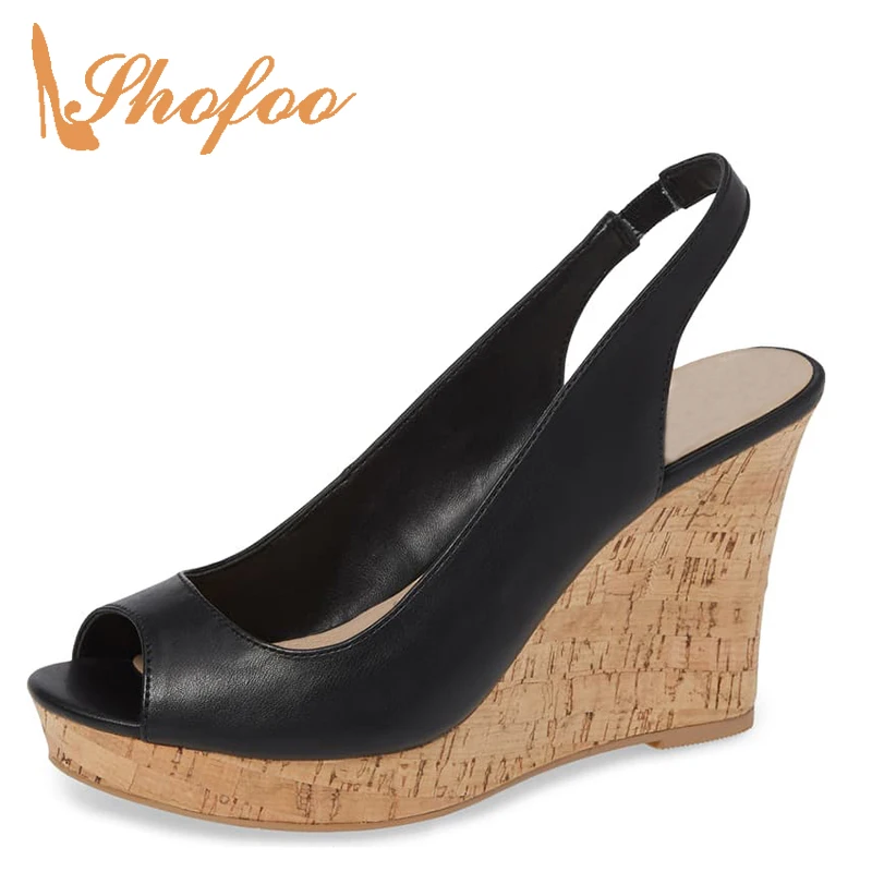 

Black Slingbacks Cork Platform Sandals Elasticised Band Peep Toe Woman Large Size 32 33 Ladies High Wedges Heels Shoes Shofoo