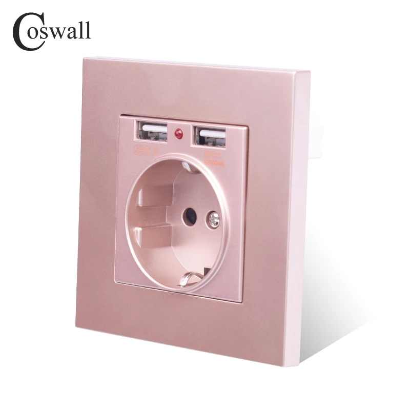 Coswall, двойной usb порт для зарядки, 5 В, 2.1A, светодиодный индикатор, 16A, настенная розетка европейского стандарта, ПК Панель, серый, черный, белый, золотой