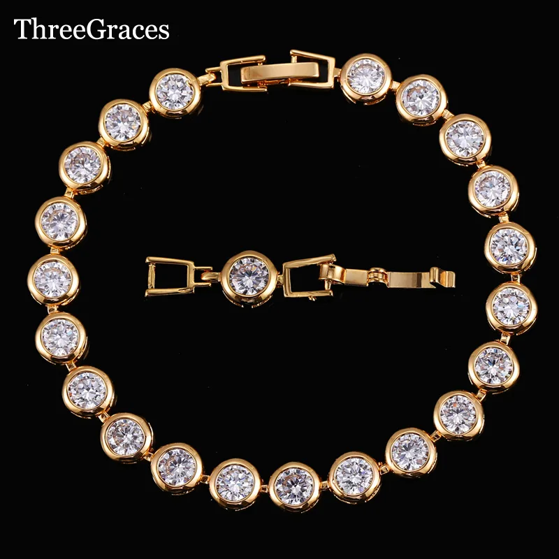 Женские теннисные браслеты ThreeGraces великолепные круглые золотого цвета с