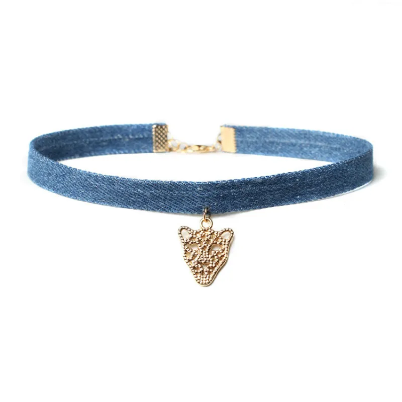 Новинка 2016 чокер из голубого денима ожерелье для женщин золотые треугольные