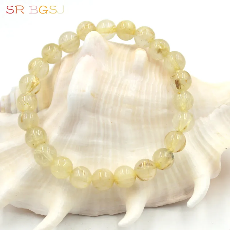 Free Shipping 6 8 10mm Round Genuine Yellow Gold Rutilated Quartz Gems Natural Stone Stretchy Women Bracelet 7&quot 7.5&quot 8&quot|women