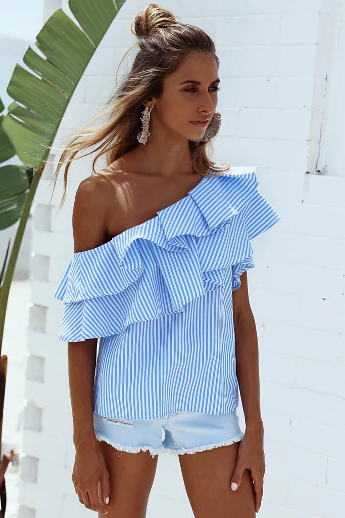 2017 Ruffles Off Shoulder Women Blouse Shirts Blue Pink Striped Irregular Sexy Tops Clothing Ladies Casual Summer Blusas 17201 |