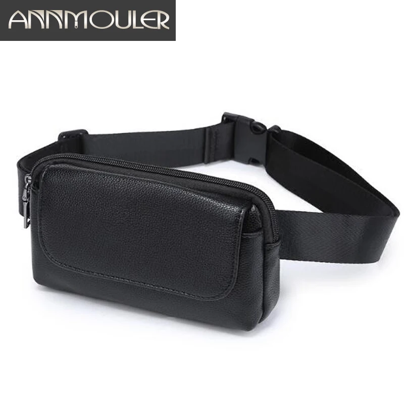 Annmouler Women Waist Bag Black Pu Leather Fanny Pack Double Pocket Waist Pack for Women Small Phone Bag Girls Bag Purse