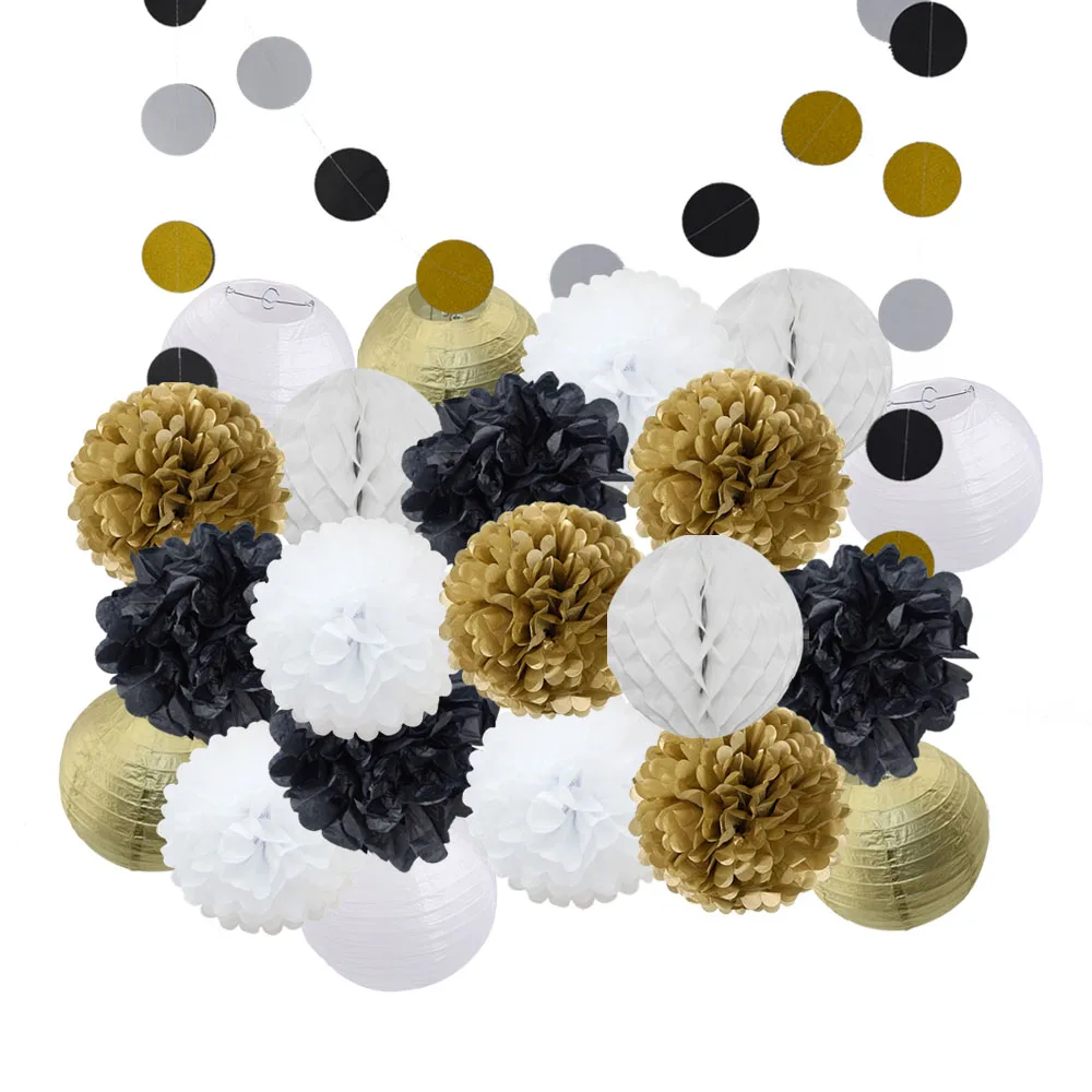 gold black set-1 Горячая 22 шт./компл. золото/черный/белый подвесной круглый бумажный фонарь для выпускное мероприятие праздничное украшение свадебный Декор бумажные ремесла - Цвет: gold black set-1