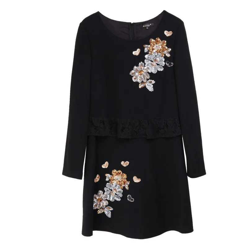 M/XL/3XL/4XL цветочное расшитое блестками дамское кружевное платье с баской Осенняя