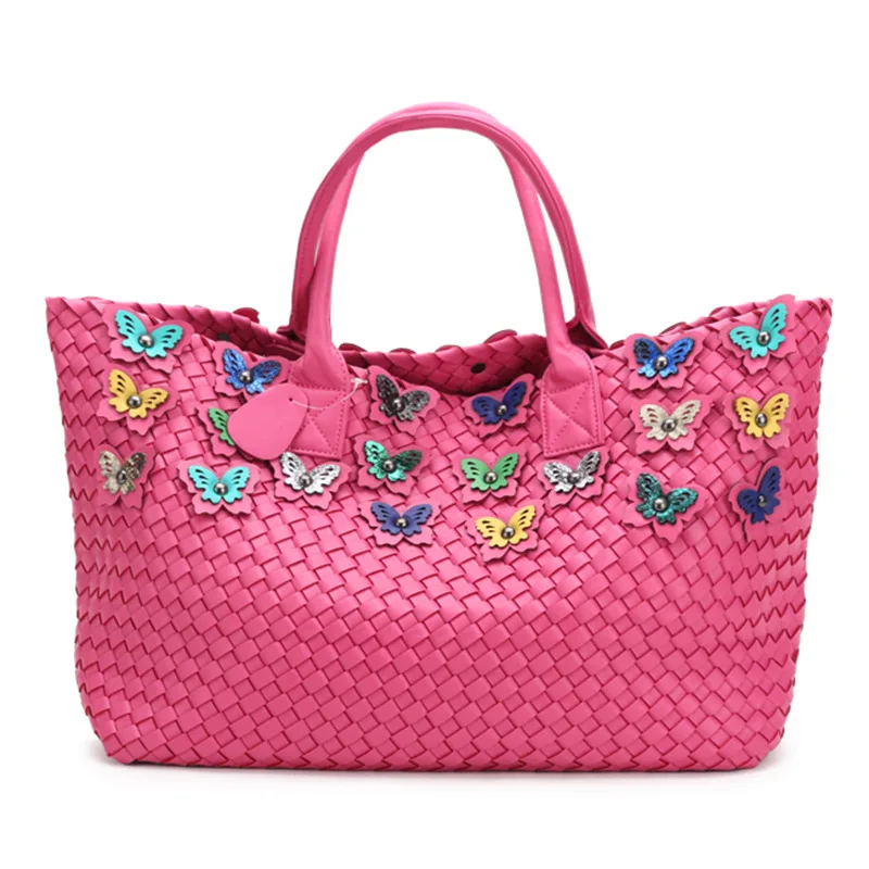 Знаменитости Женские плетеные кожа сумка с бабочкой большой ёмкость корзина