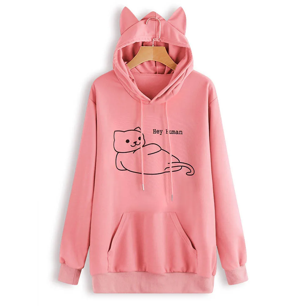 Женские льняные толстовки с капюшоном принтом кота ушками размера плюс пуловеры