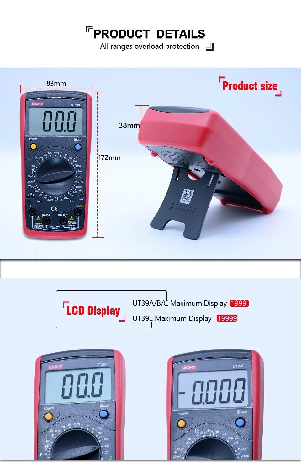 Цифровой мультиметр UNI-T UT39A/UT39B/UT39C/UT39E AC DC Ручной мультиметровый rms с ЖК-дисплеем