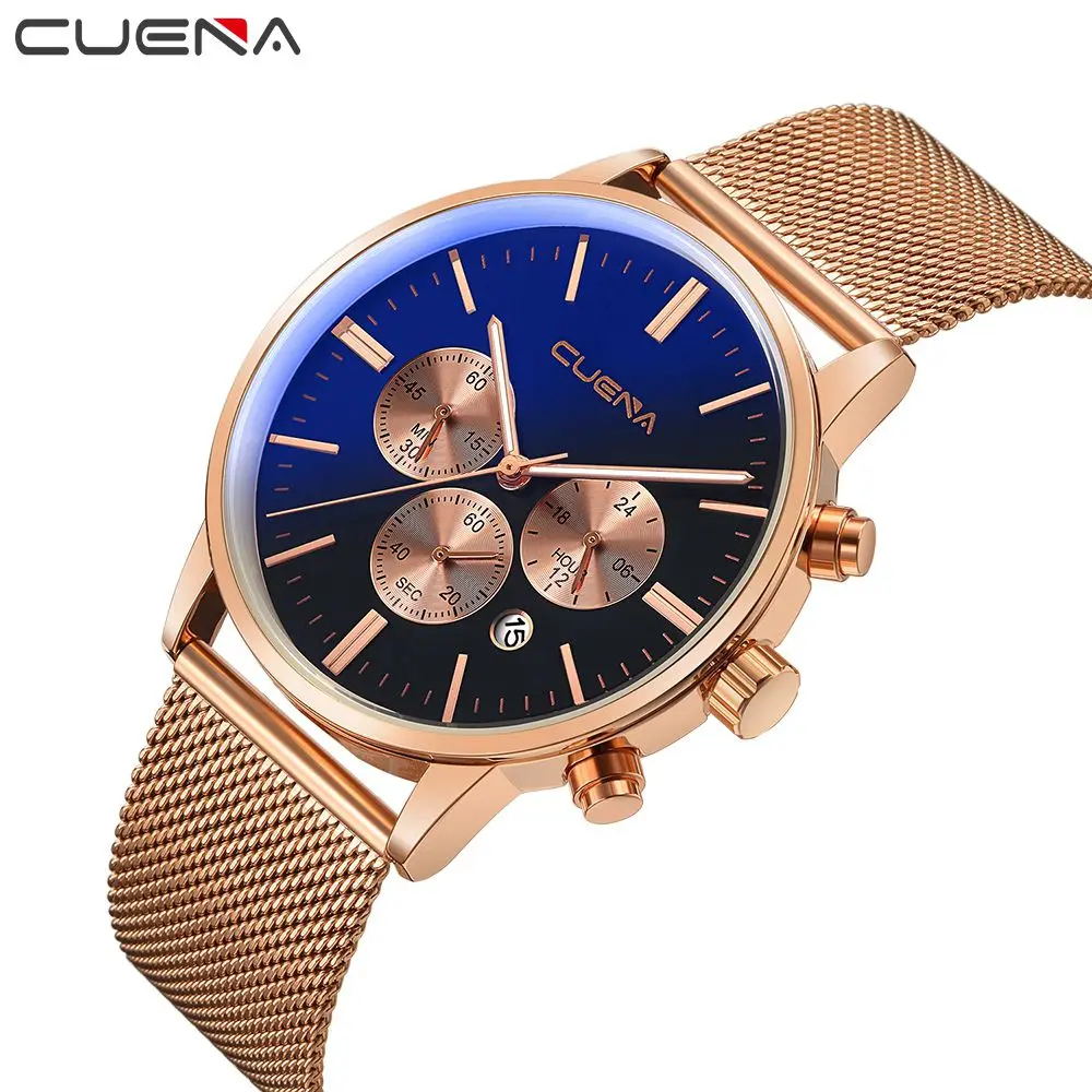 CUENA Watches Men Mesh Luxury Brand Strap Business Stainless Steel Watch Men's Quartz Multi-function Wrist | Наручные часы