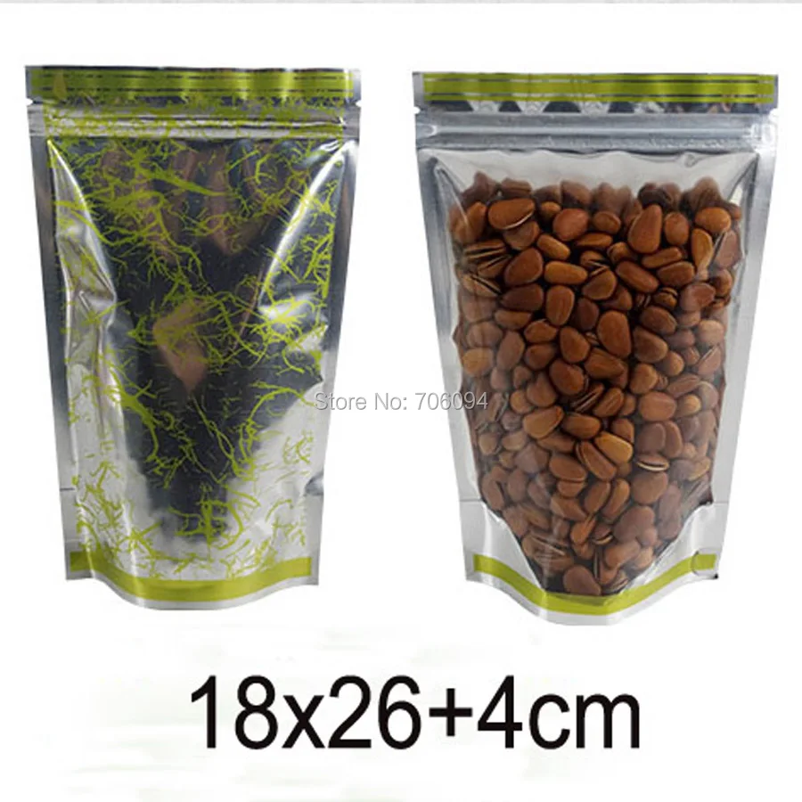 

200PCS 18x26+4cm 7.1''x10.3'' Ziplock Clear shiny silver Aluminum foil bag standup aluminum foil plastic pouch for tea coffee