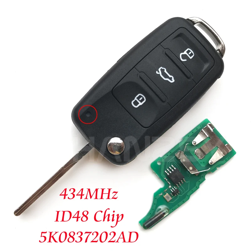 3 кнопки дистанционного ключа для VW Beetle Golf Eos Polo Sharan 2011 2012 2013 для Volkswagen Автомобильный ключ 5K0837202AD 434 МГц ID48 чип