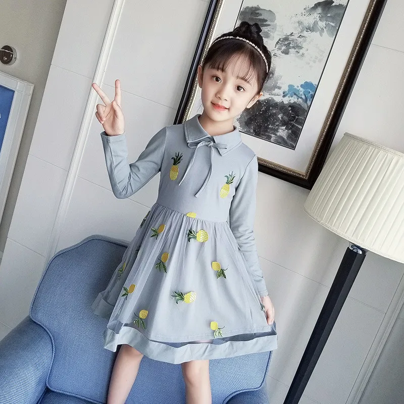 Autumn Pineapple Print Girl Dress Long-Sleeve Cartoon Design Girls Birthday Kids Clothes Princes Party | Детская одежда и обувь