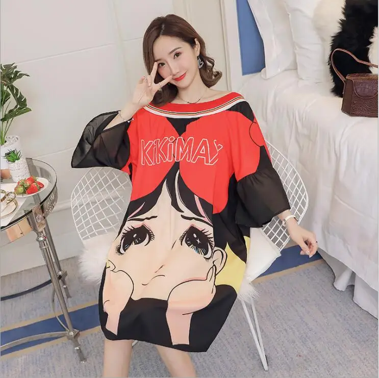 Женское платье с круглым вырезом летнее свободного покроя мультяшным принтом и