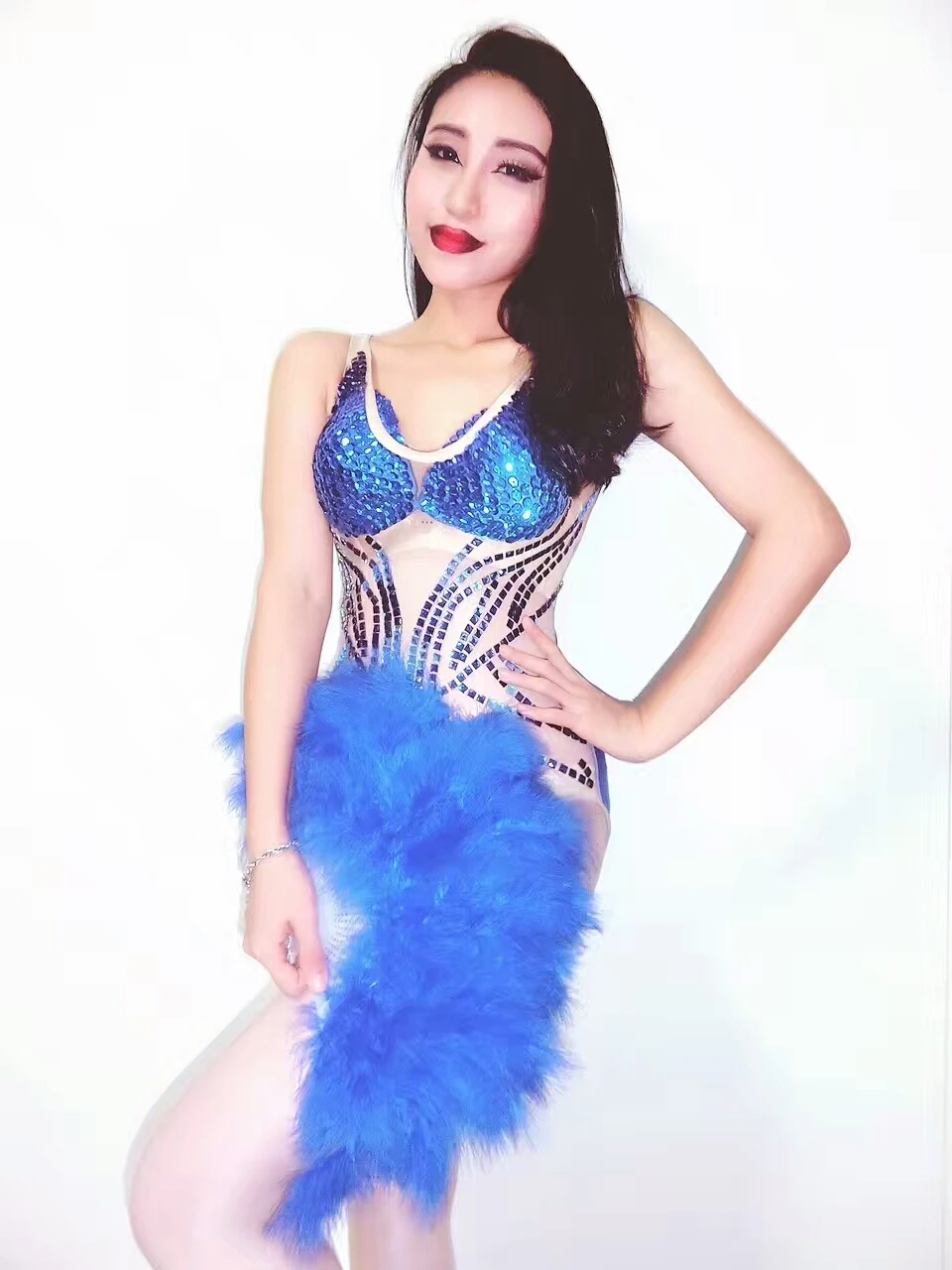 

Blue Crystals Sequins Bodysuit Nightclub DJ singer Dance costumes Bar Party Star Stage wear Sexy show See-through slim Catsuit
