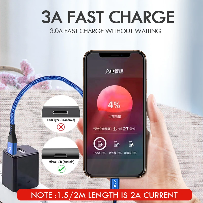 ZNP Micro USB кабель 3A Быстрая зарядка Microusb зарядное устройство шнур для samsung Xiaomi Redmi Note 5 Pro Honor планшет Android, телефон Micro