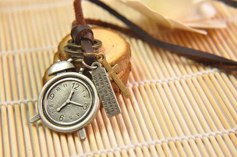 Men Women Clock Leather Necklaces &amp Pendants Fashion Vintage Statement Chokers Black Brown Real Cord Movable 50-70cm | Украшения и