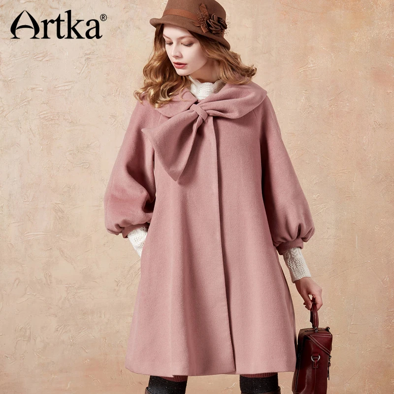 

ARTKA Women's Winter Pink Long Lantern Sleeve Bow Woolen Coat Jacket FA10471D