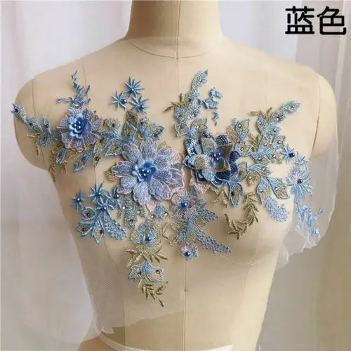 Blue 41CM X 26CM Lace Flower 3D Embroidery Flower Bridal Lace Applique Pearl Beaded Tulle Wedding Dress Embroidery Broderie DIY - Цвет: Blue
