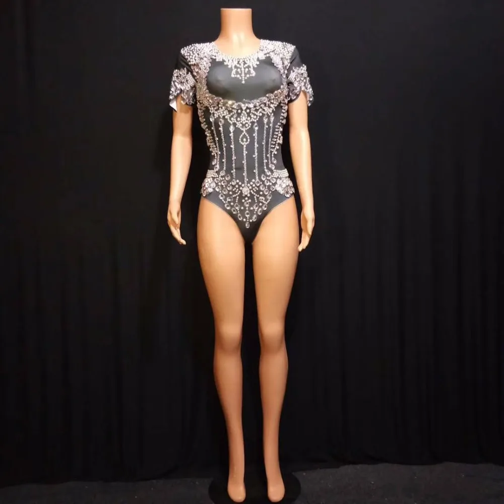 Sexy Rhinestone Pearl Short Siamese Printed Stretch Bodysuit Rhinestones One Piece Stage Singer Dancer Sexy Performance Rompers