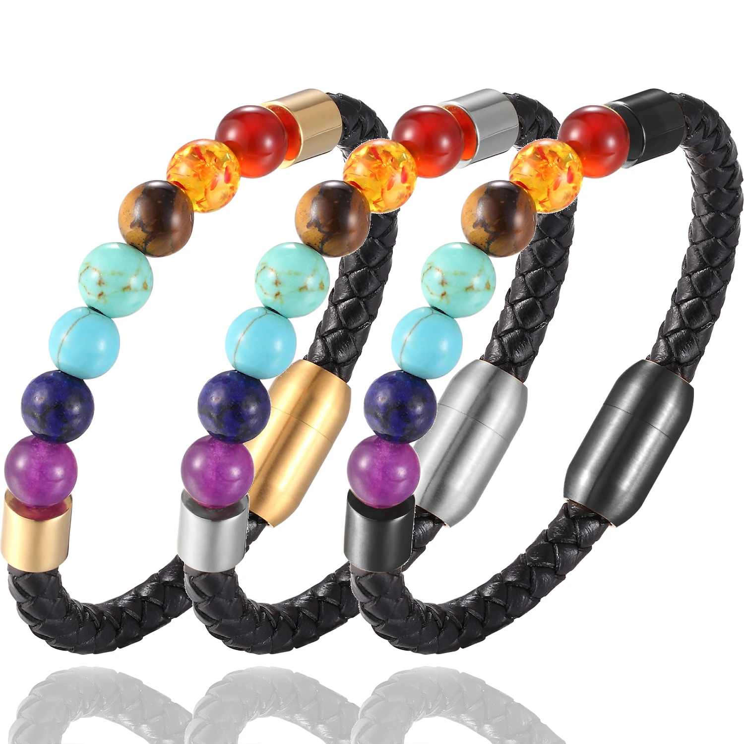 

2020New Fashion Charm Male Leather Bracelet Lava Chakra Stone Beads Black Stainless Bracelets & Bangles for Men Punk Jewelry