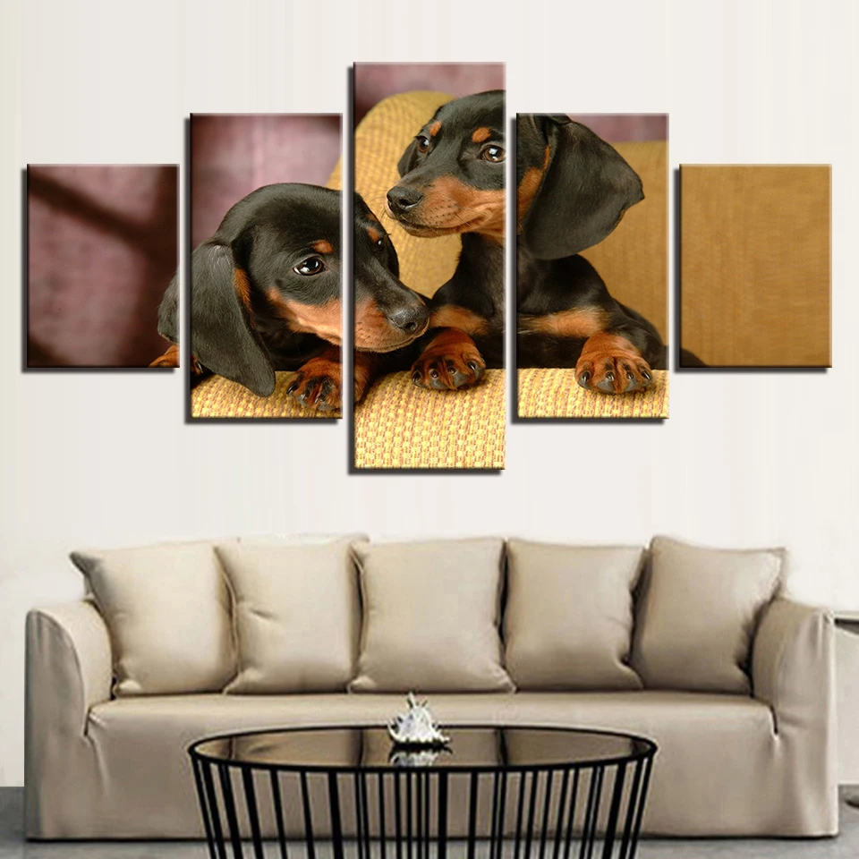 Canvas Posters Home Decor For Living Room Framework HD Prints Pictures 5 Pieces Dachshund Dogs Breed Paintings Modular Wall Art | Дом и сад