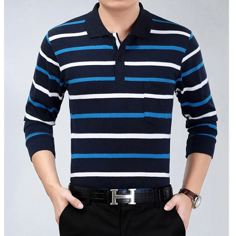 Мужчины Полоску Рубашка-Поло С Длинным Рукавом Тонкий Азиатский Размер 100 Хлопок