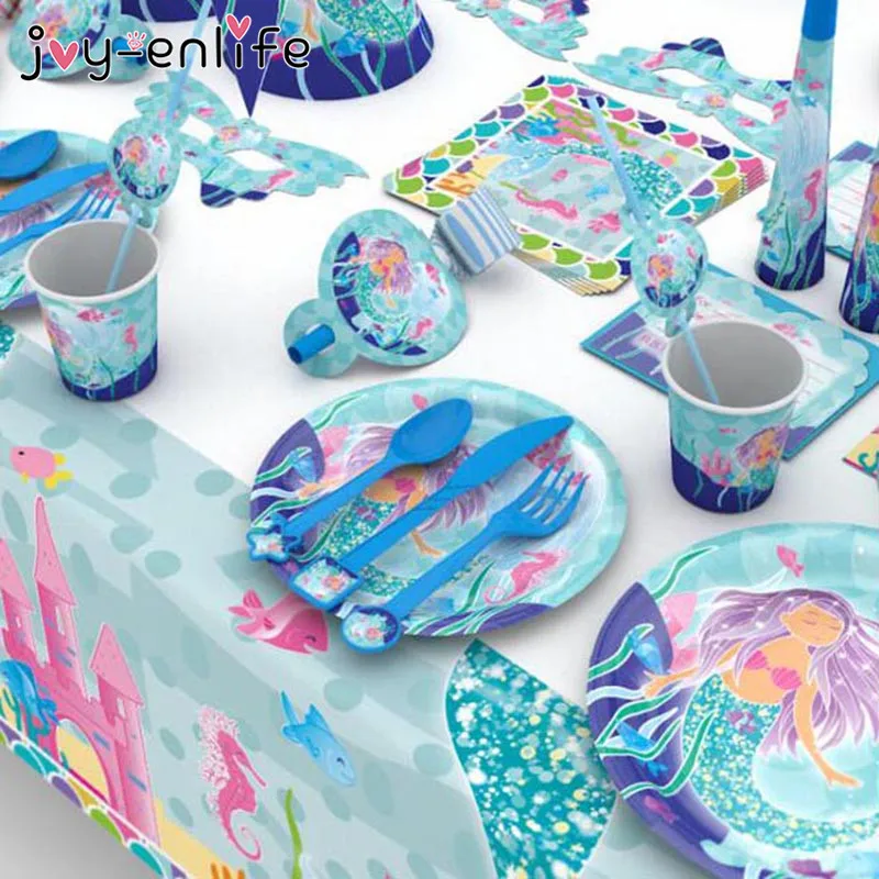 

Little Mermaid Party Disposable Tableware Kit Girl First Birthday Party Plates Cups Banner Under the Sea Kids Party Decoration