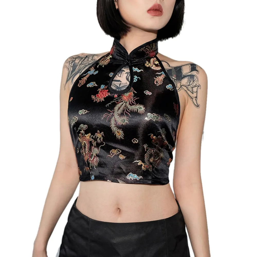 Женский винтажный укороченный топ с вышивкой Cheongsam на шнурках бретелькой через