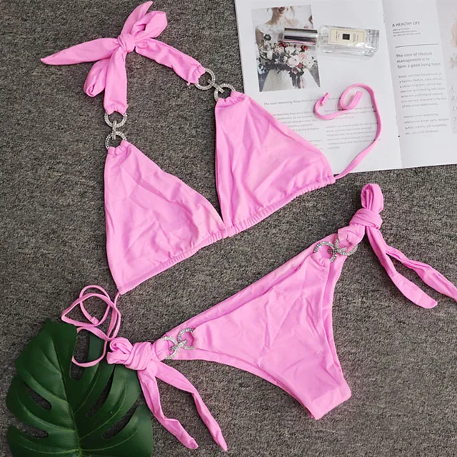 B014Pink Сексуальный комплект бикини со стразами, женский купальник с кристаллами, бандажный купальник, бикини со стразами, женская пляжная одежда, бикини с пуш-ап - Цвет: B014Pink