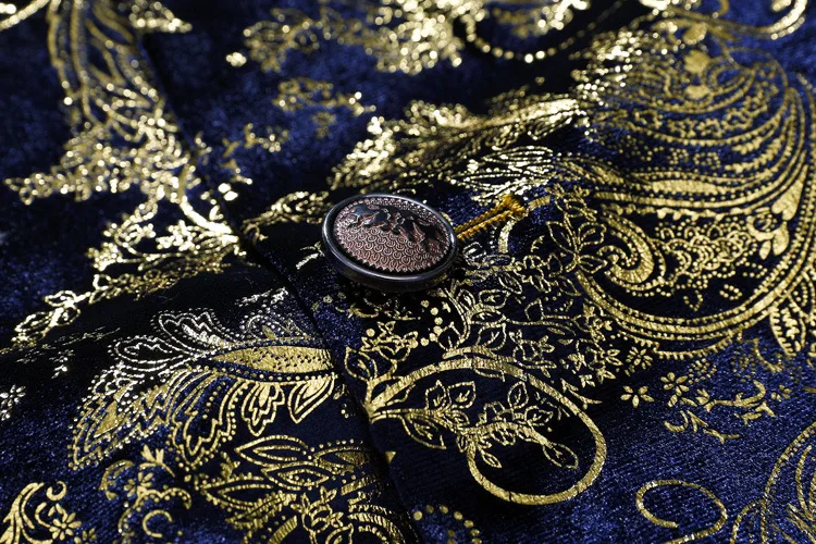 

Mens Sing Breasted Two Button Blazer Jacket 2018 Fashion Gold Floral Printed Suit Blazer Men Party Dance Perform Stage Costumes