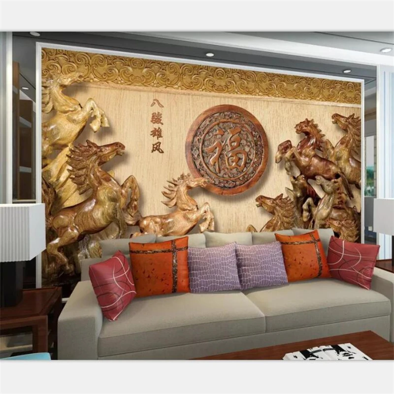 beibehang Wallpaper mural custom photo living room 3d wood carving eight horses male wind to success wallpaper background | Обустройство