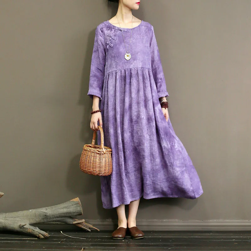 

Nefeilike O neck Print floral Dresses New 2018 Autumn Full Sleeve Ramie Casual Women Vintage Dresses