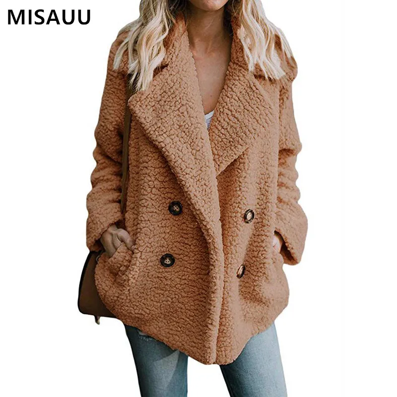

MISAUU New Fashion Autumn Fuzzy Faux Fur Teddy Bear Coat Jacket Women Winter Coat Female Long Sleeve Pocket Jacket Plus Size