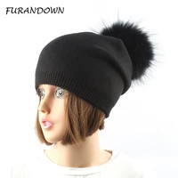 women winter wool knitted hats pompom beanie natural fox fur pompons hat solid color causal hat cap