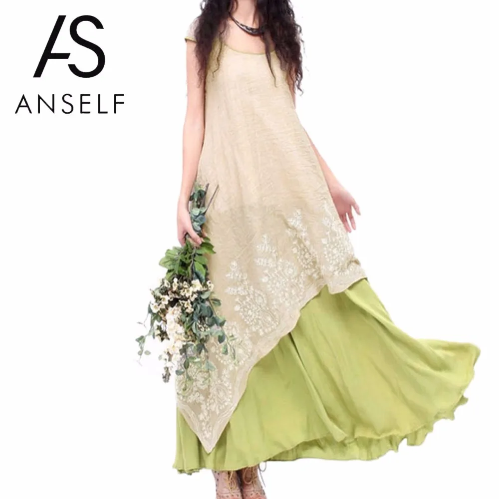 Женское винтажное платье макси Anself Boho повседневное длинное двухслойное с