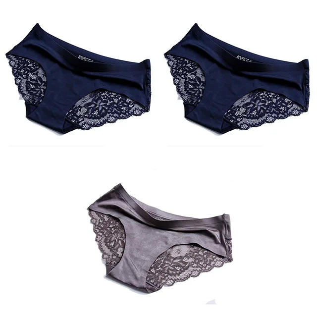 navy navy grey Женские трусики, кружевное женское нижнее белье, бесшовные трусики, сексуальные трусики, средняя посадка, шелковые трусы, хлопок, промежность, трусы, Прямая поставка - Цвет: navy navy grey