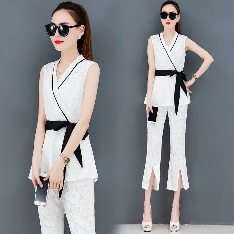 

Lace White Women Leisure Suit Summer New Female Waist Belt Sleeveless Top Coat Two-Piece Clothing Set Horn Pants Split Trousers